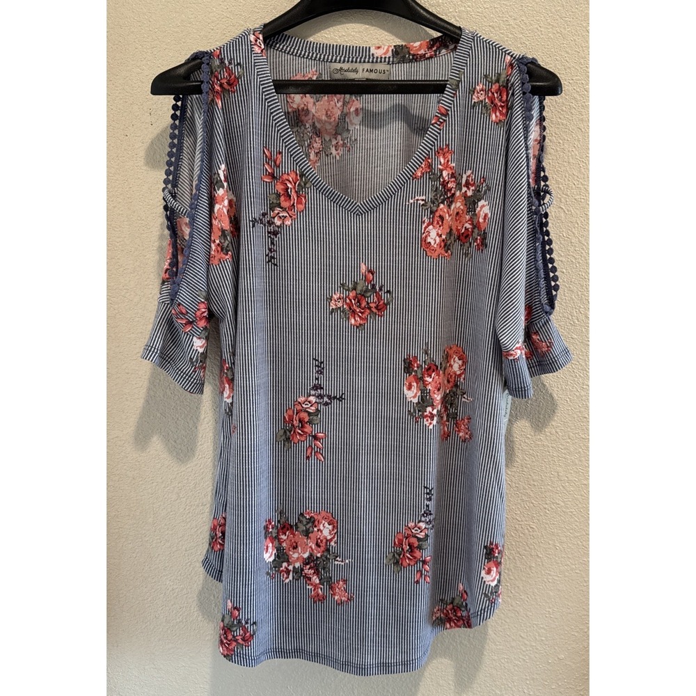 Absolutely Famous Top Blue Striped Floral Cold Shoulder  Bohemian Women's XL NEW